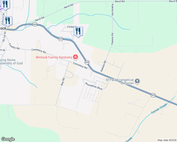 map of restaurants, bars, coffee shops, grocery stores, and more near 292 Washington 505 in Winlock