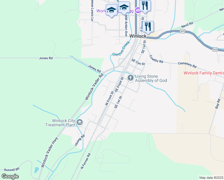 map of restaurants, bars, coffee shops, grocery stores, and more near 105 Southwest Alder Street in Winlock