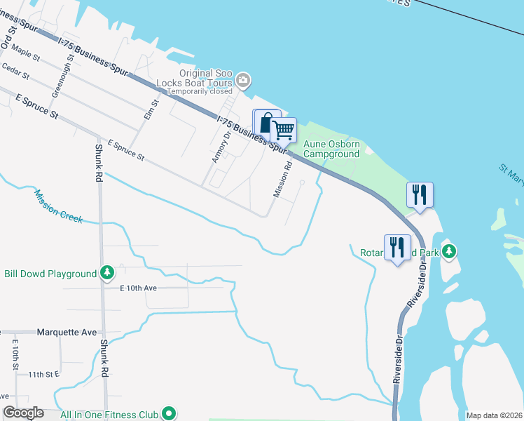 map of restaurants, bars, coffee shops, grocery stores, and more near 310-408 Mission Road in Sault Ste. Marie