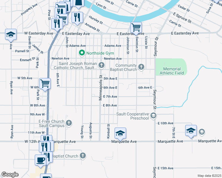 map of restaurants, bars, coffee shops, grocery stores, and more near 1200-1298 Kimball St in Sault Ste. Marie