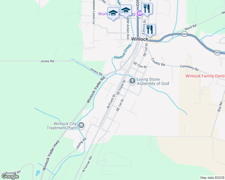 map of restaurants, bars, coffee shops, grocery stores, and more near 105 Southwest Alder Street in Winlock