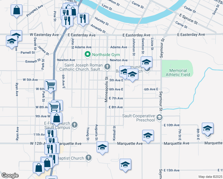 map of restaurants, bars, coffee shops, grocery stores, and more near 1298 Kimball Street in Sault Ste. Marie