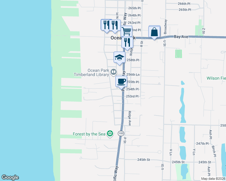map of restaurants, bars, coffee shops, grocery stores, and more near 1314 254th Place in Ocean Park