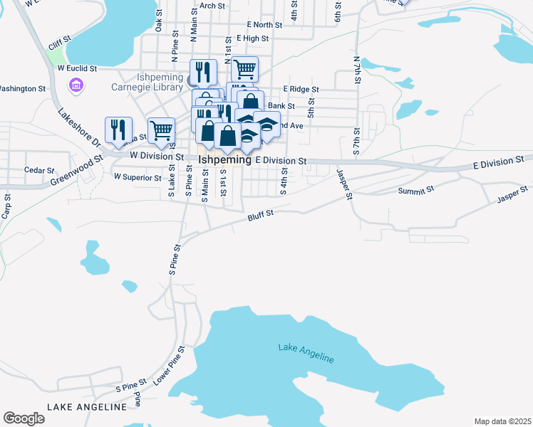 map of restaurants, bars, coffee shops, grocery stores, and more near 178 Bluff Street in Ishpeming