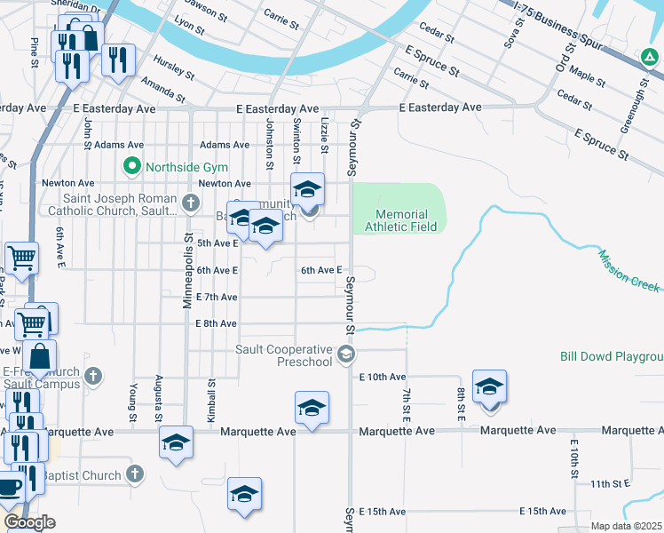 map of restaurants, bars, coffee shops, grocery stores, and more near 1009 6th Avenue East in Sault Ste. Marie