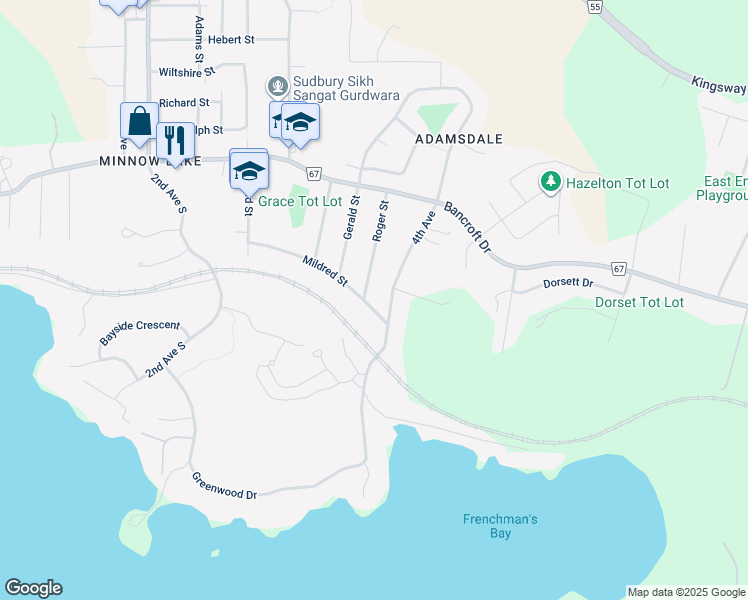 map of restaurants, bars, coffee shops, grocery stores, and more near 2276 Mildred Street in Sudbury