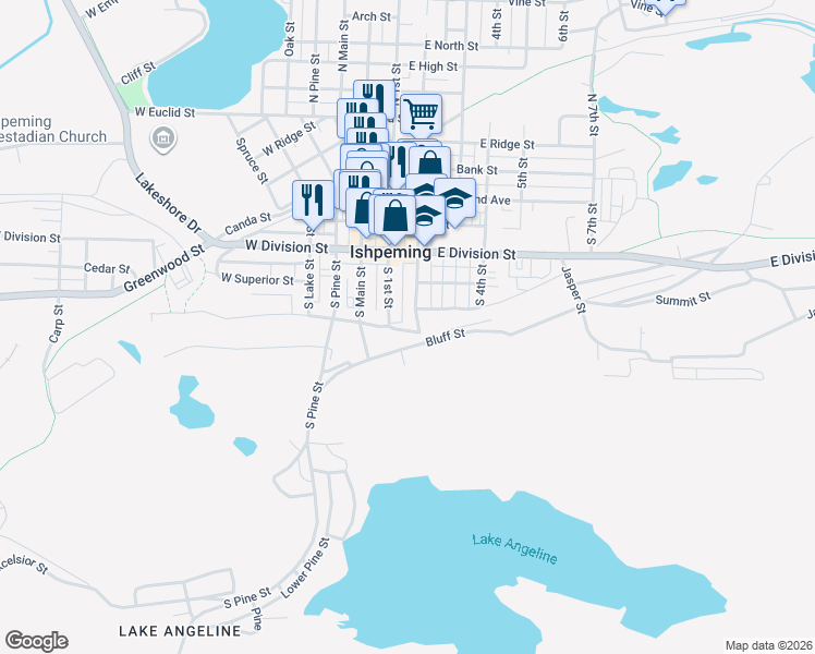 map of restaurants, bars, coffee shops, grocery stores, and more near 219 East Johnson Street in Ishpeming