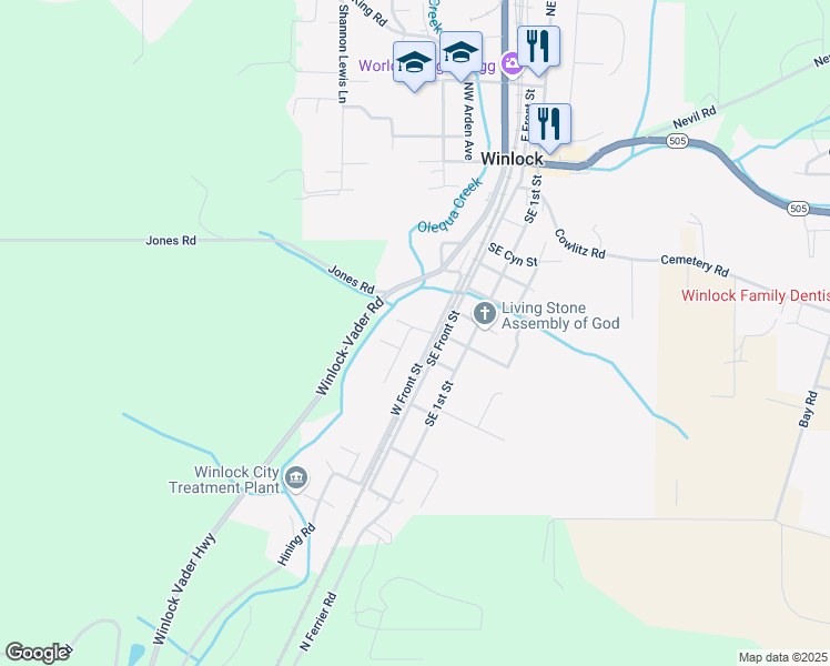 map of restaurants, bars, coffee shops, grocery stores, and more near 105 Southwest Alder Street in Winlock