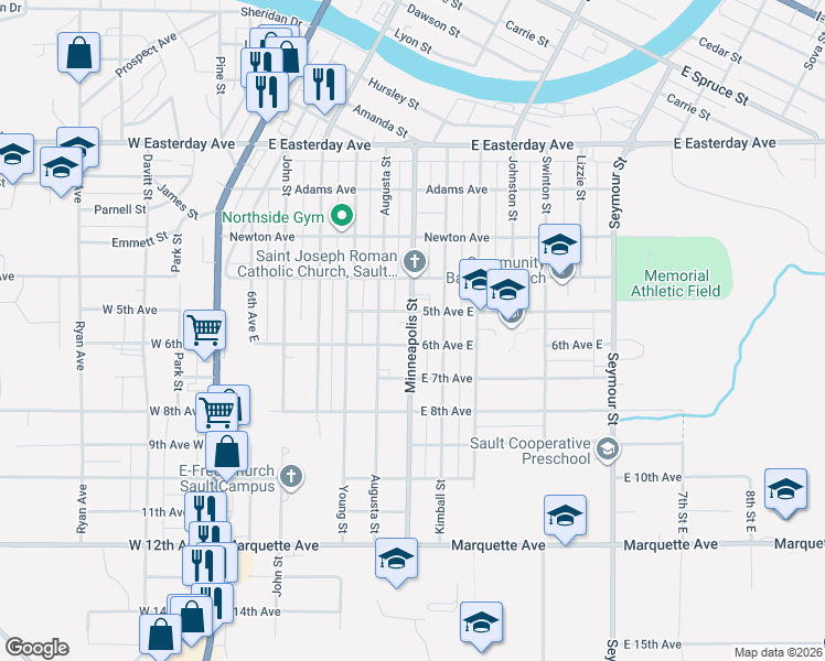 map of restaurants, bars, coffee shops, grocery stores, and more near 6th Avenue East in Sault Ste. Marie