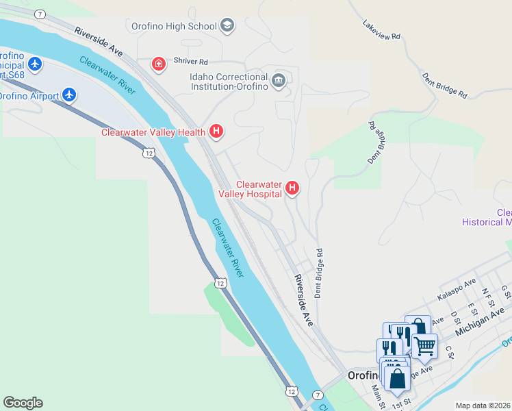 map of restaurants, bars, coffee shops, grocery stores, and more near 920 Miles Avenue in Orofino