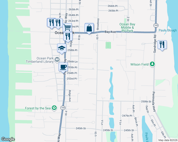 map of restaurants, bars, coffee shops, grocery stores, and more near 1912 255th Lane in Ocean Park