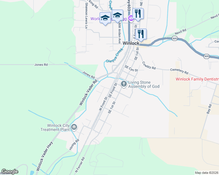 map of restaurants, bars, coffee shops, grocery stores, and more near 105 Southwest Alder Street in Winlock