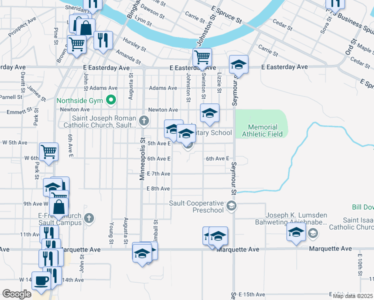 map of restaurants, bars, coffee shops, grocery stores, and more near 810 5th Avenue East in Sault Ste. Marie