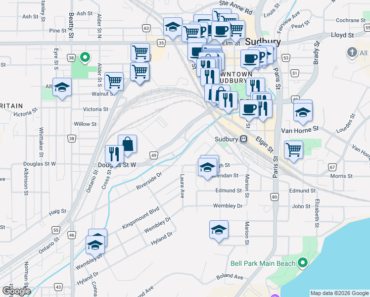 map of restaurants, bars, coffee shops, grocery stores, and more near 90 Riverside Drive in Greater Sudbury