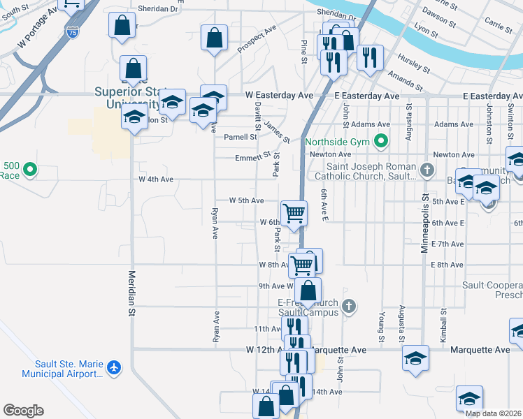 map of restaurants, bars, coffee shops, grocery stores, and more near 200 West 6th Avenue in Sault Ste. Marie
