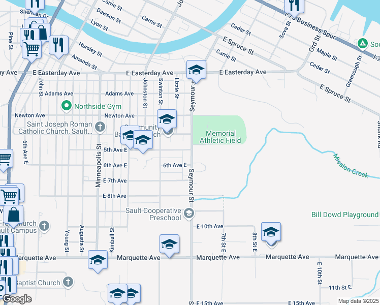 map of restaurants, bars, coffee shops, grocery stores, and more near 1009 6th Avenue East in Sault Ste. Marie