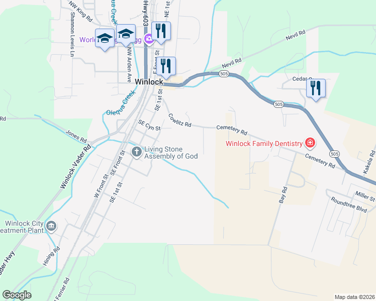 map of restaurants, bars, coffee shops, grocery stores, and more near 233 Cowlitz Road in Winlock