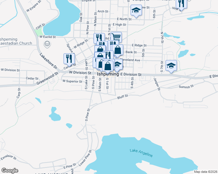 map of restaurants, bars, coffee shops, grocery stores, and more near 219 East Johnson Street in Ishpeming