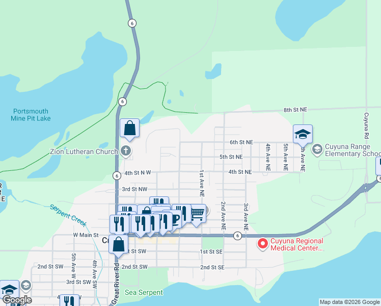 map of restaurants, bars, coffee shops, grocery stores, and more near 22 5th Street Northeast in Crosby