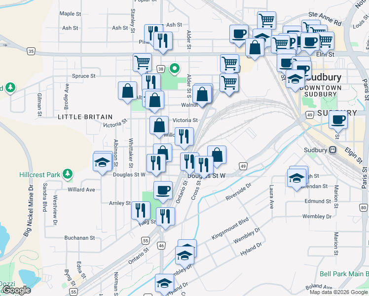 map of restaurants, bars, coffee shops, grocery stores, and more near in Greater Sudbury