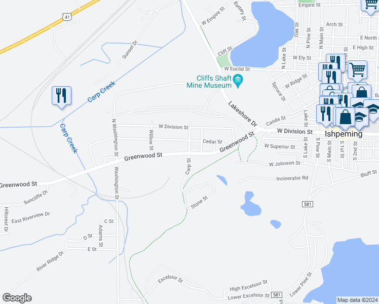 map of restaurants, bars, coffee shops, grocery stores, and more near 362 Cedar Street in Ishpeming