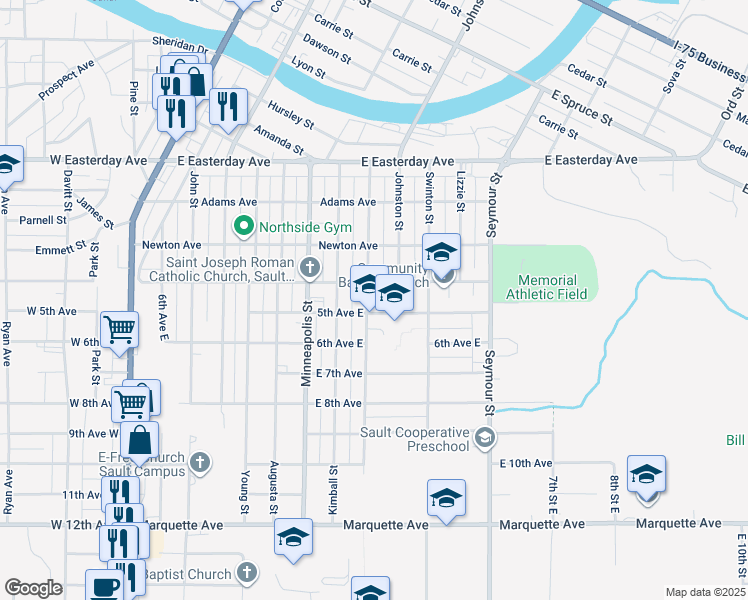 map of restaurants, bars, coffee shops, grocery stores, and more near 1111 Superior Street in Sault Ste. Marie