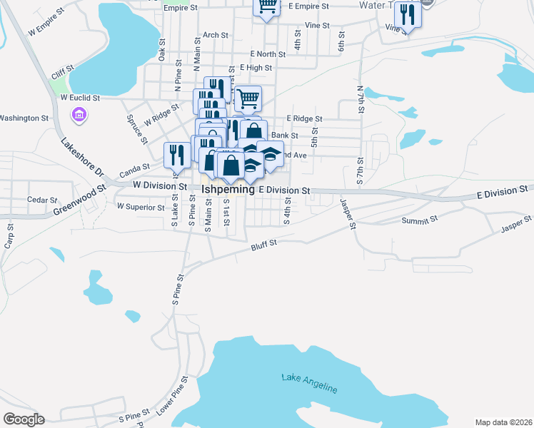 map of restaurants, bars, coffee shops, grocery stores, and more near 101-199 E Superior St in Ishpeming Township
