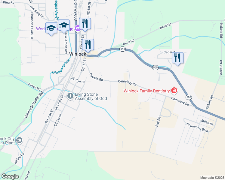 map of restaurants, bars, coffee shops, grocery stores, and more near 233 Cowlitz Road in Winlock