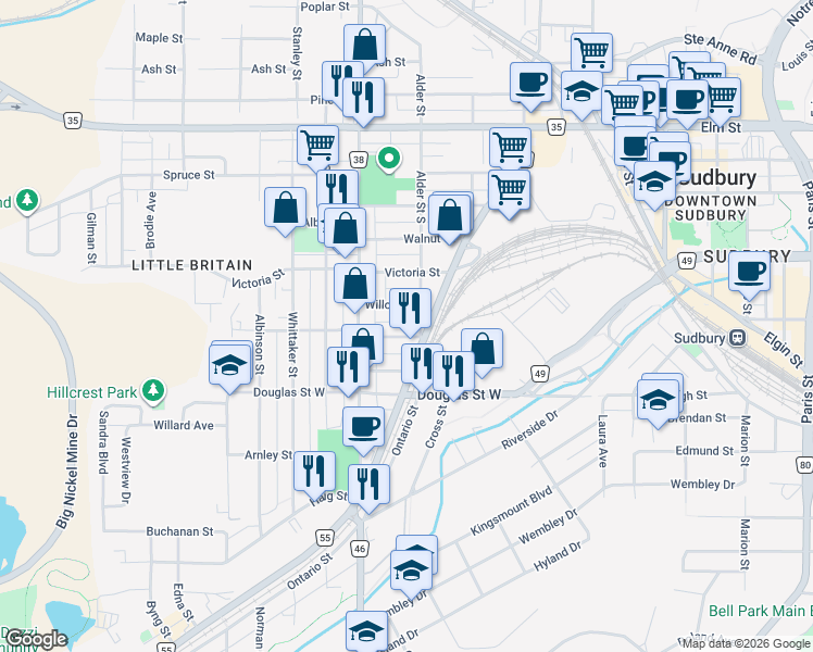map of restaurants, bars, coffee shops, grocery stores, and more near 266 Hazel Street in Sudbury