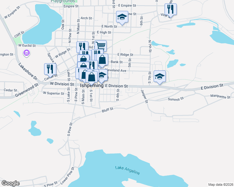 map of restaurants, bars, coffee shops, grocery stores, and more near 201-213 E Superior St in Ishpeming Township