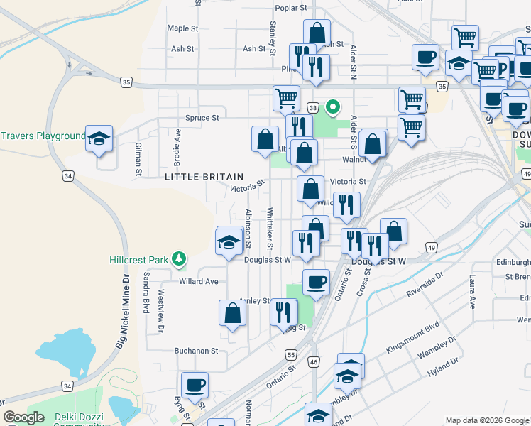 map of restaurants, bars, coffee shops, grocery stores, and more near 227 Whittaker Street in Greater Sudbury