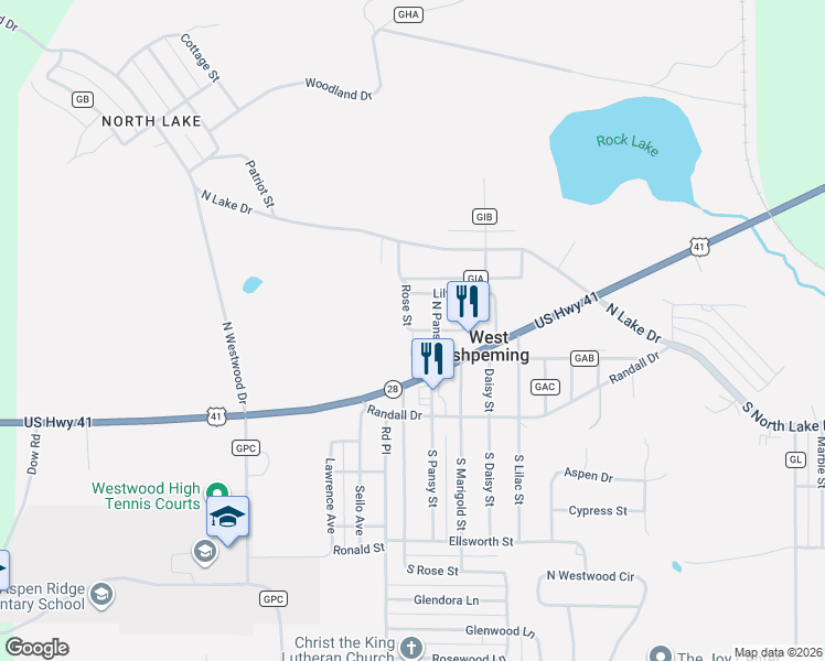 map of restaurants, bars, coffee shops, grocery stores, and more near 199 Rose Street in Ishpeming