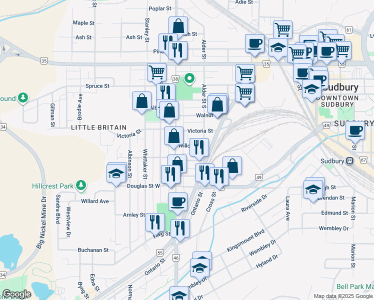 map of restaurants, bars, coffee shops, grocery stores, and more near 289 Willow Street in Greater Sudbury