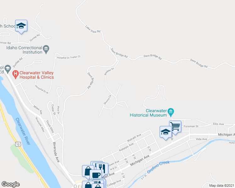 map of restaurants, bars, coffee shops, grocery stores, and more near 111 Dworshak Drive in Orofino