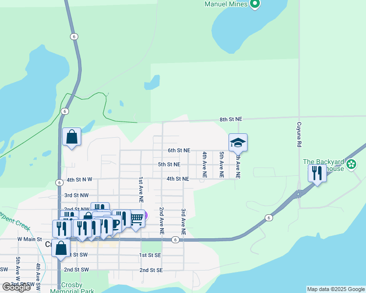 map of restaurants, bars, coffee shops, grocery stores, and more near 213 6th Street Northeast in Crosby
