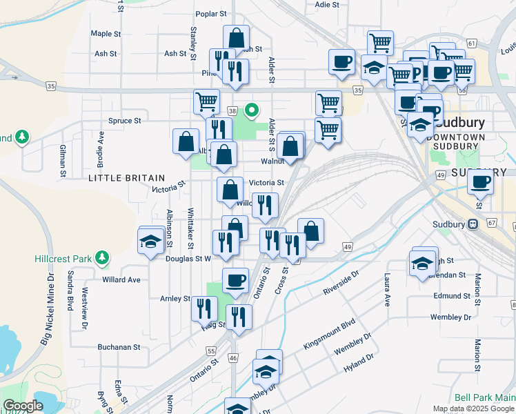 map of restaurants, bars, coffee shops, grocery stores, and more near 289 Willow Street in Greater Sudbury