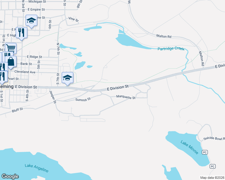 map of restaurants, bars, coffee shops, grocery stores, and more near East Division Street in Ishpeming Township
