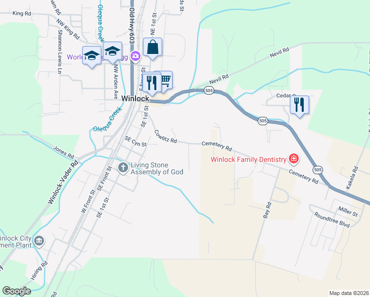 map of restaurants, bars, coffee shops, grocery stores, and more near 233 Cowlitz Road in Winlock