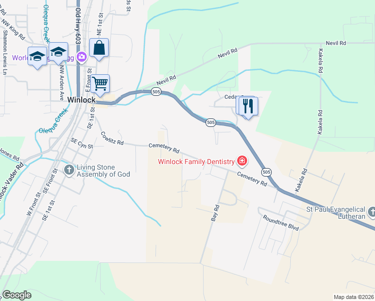 map of restaurants, bars, coffee shops, grocery stores, and more near 573 Cemetary Road in Winlock