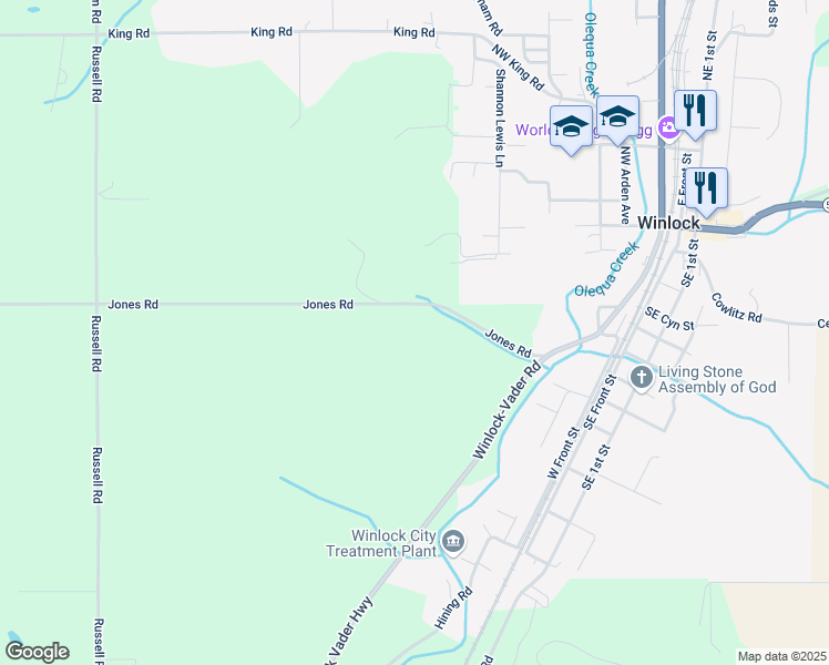 map of restaurants, bars, coffee shops, grocery stores, and more near 165 Jones Road in Winlock