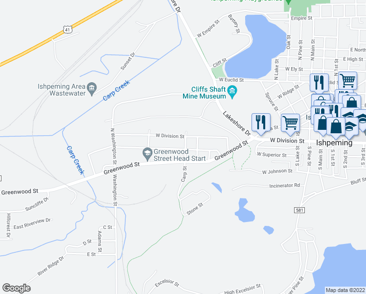 map of restaurants, bars, coffee shops, grocery stores, and more near 362 Cedar Street in Ishpeming