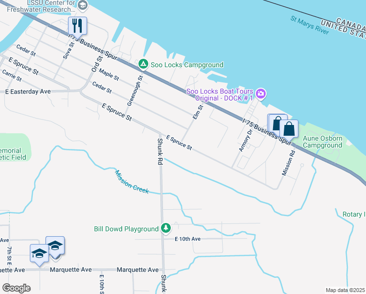 map of restaurants, bars, coffee shops, grocery stores, and more near 1052-1098 East Spruce Street in Sault Ste. Marie