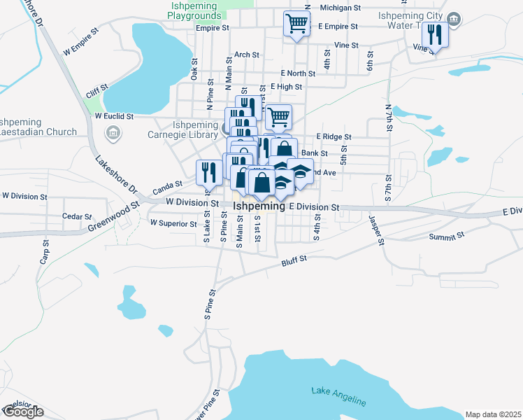 map of restaurants, bars, coffee shops, grocery stores, and more near in Ishpeming