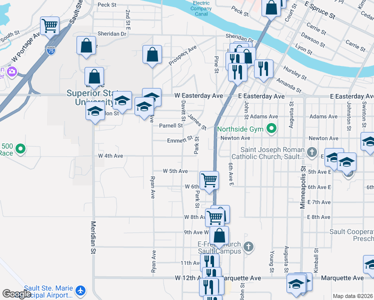 map of restaurants, bars, coffee shops, grocery stores, and more near 201-299 West 4th Avenue in Sault Ste. Marie