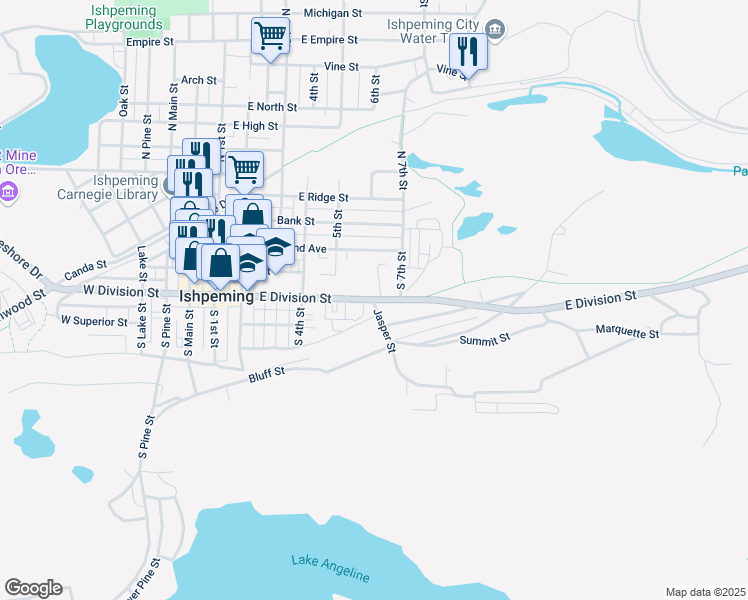map of restaurants, bars, coffee shops, grocery stores, and more near 601 East Division Street in Ishpeming