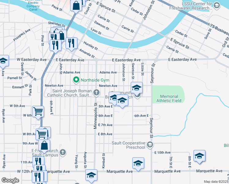 map of restaurants, bars, coffee shops, grocery stores, and more near 1111-1199 Superior St in Sault Ste. Marie