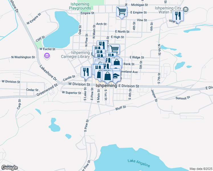 map of restaurants, bars, coffee shops, grocery stores, and more near in Ishpeming