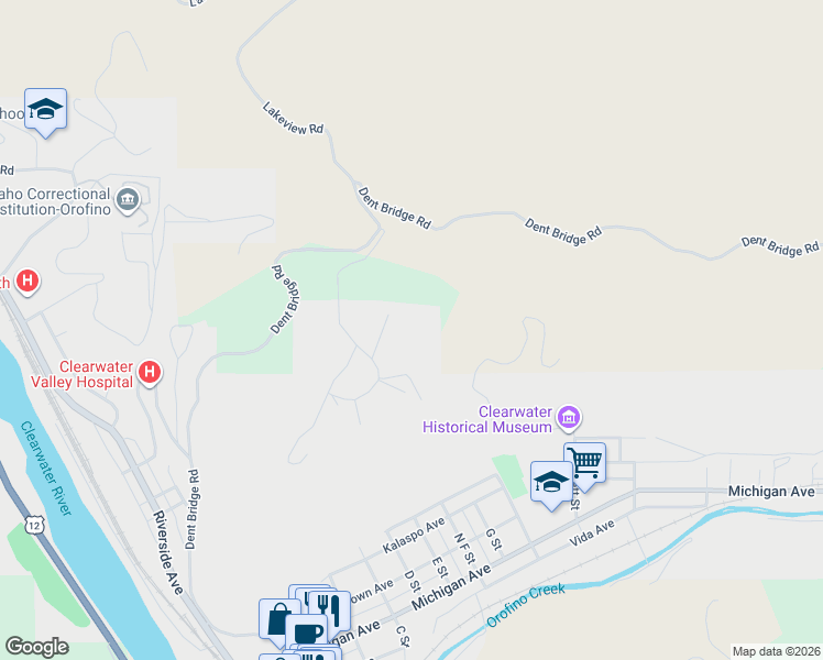 map of restaurants, bars, coffee shops, grocery stores, and more near 111 Dworshak Drive in Orofino