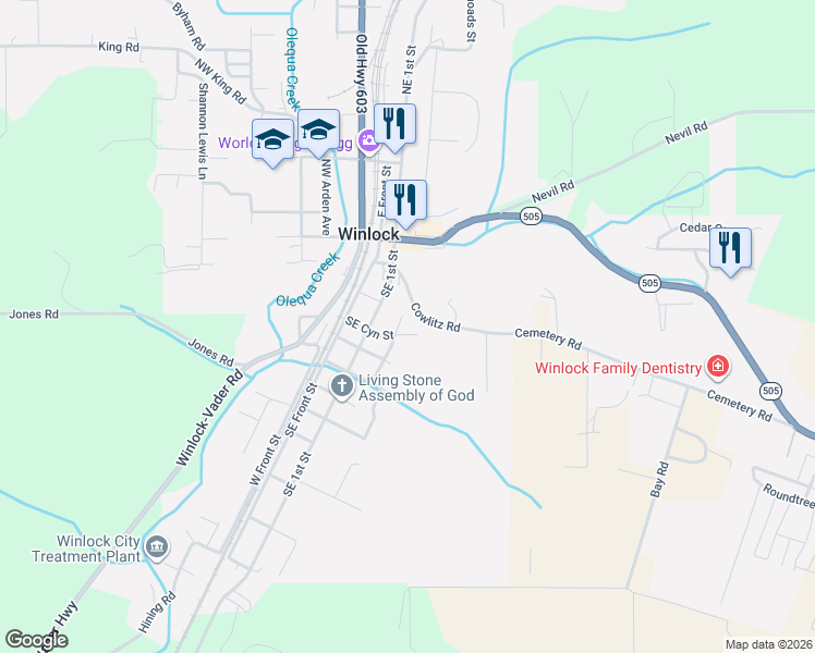 map of restaurants, bars, coffee shops, grocery stores, and more near 312 Southeast 2nd Street in Winlock