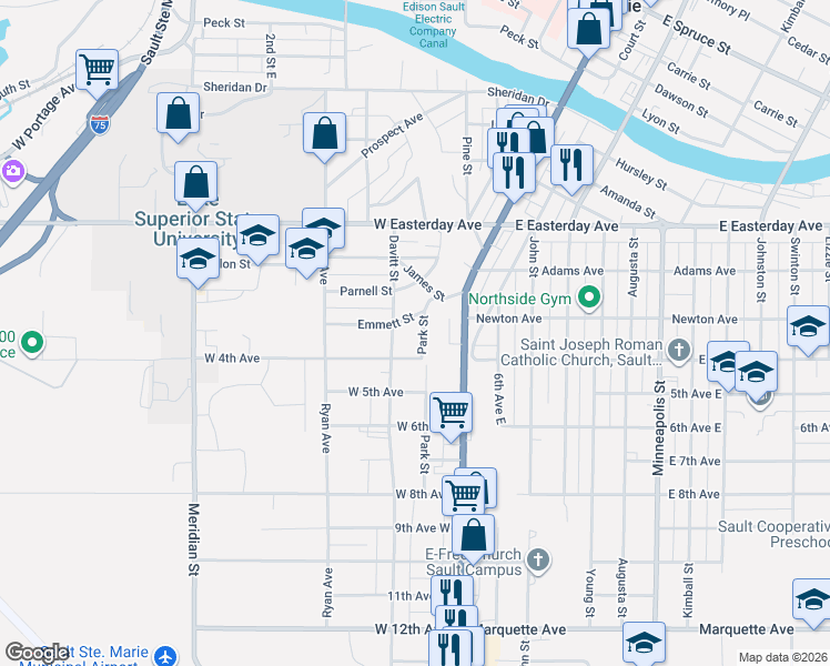 map of restaurants, bars, coffee shops, grocery stores, and more near 300-398 Emmett St in Sault Ste. Marie